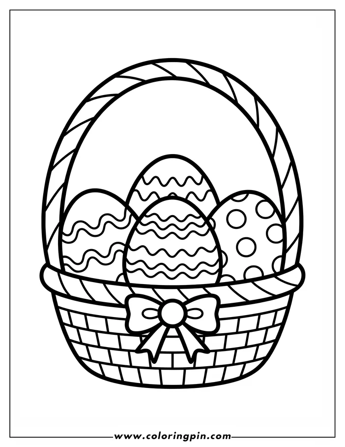 Line art of an Easter basket filled with three decorated eggs. The basket has a woven design and a bow tied at the front. Each egg has a different pattern: wavy lines, zigzags, and polka dots. This image is a coloring page design.