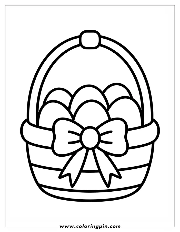 Line art of an Easter basket filled with eggs. The basket has a woven design and a large bow tied to it. This coloring page is perfect for celebrating springtime and Easter.