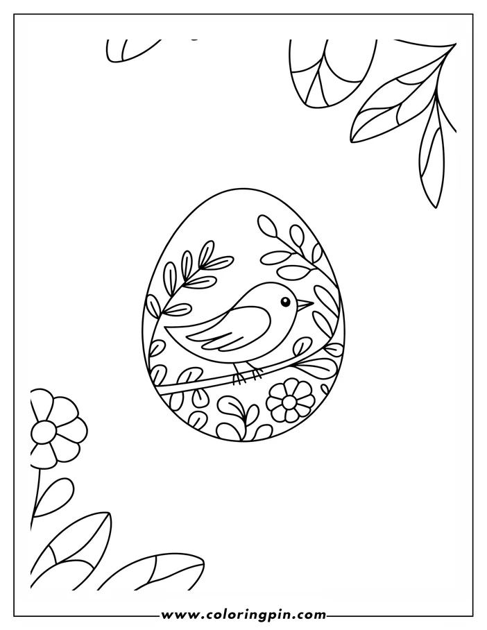 Line art of an Easter egg decorated with a small bird perched on a branch. Leaves and flowers surround the bird on the egg, creating a spring-like design.  The outline is simple, making it easy to color.
