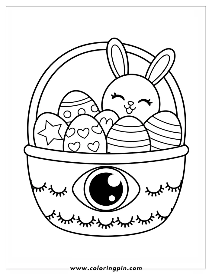 Line art of an Easter basket containing decorated eggs and a cheerful bunny. The basket has an eye with long lashes. Design for a coloring sheet.
