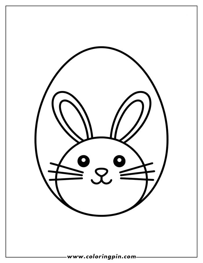 Simple line art of an Easter egg with a bunny's face in the center, designed as a coloring page. The bunny has large round eyes, a small nose, and long ears.