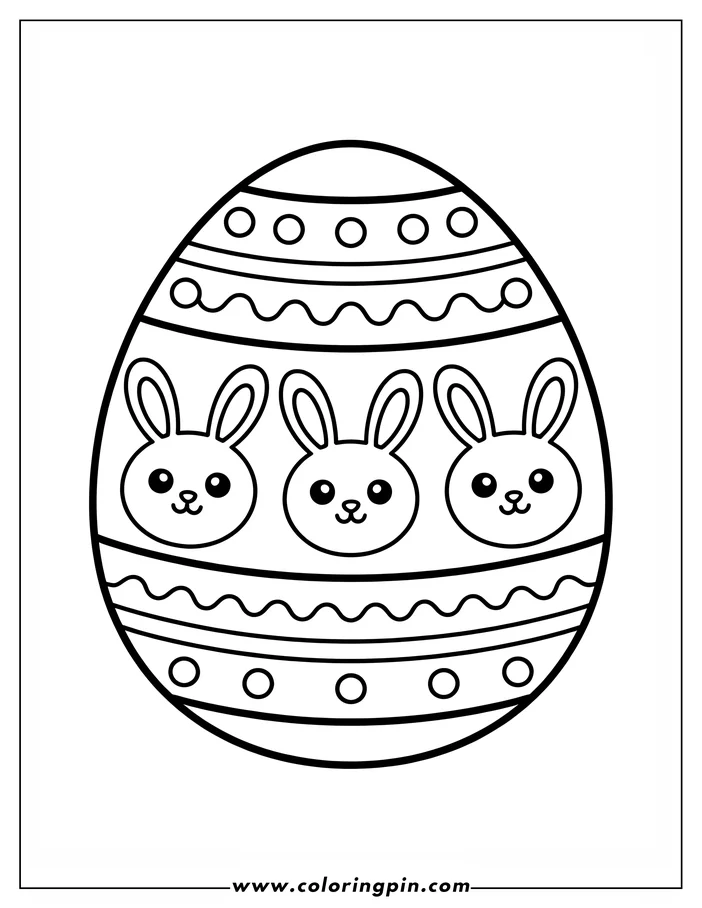 Line art of an Easter egg decorated with three simple bunny faces. The egg has horizontal lines, circles, and wavy patterns.  A fun coloring page for kids.