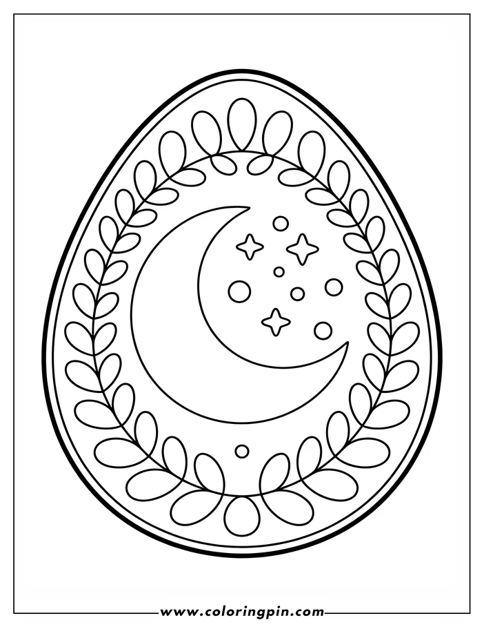 Line art of an Easter egg design featuring a crescent moon, stars, and a decorative border. This is a coloring sheet image.