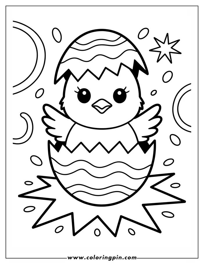 A coloring page design of a cute chick hatching from a decorated Easter egg. The chick has large eyes and small wings, emerging from a patterned egg.  Perfect for some Easter coloring fun.