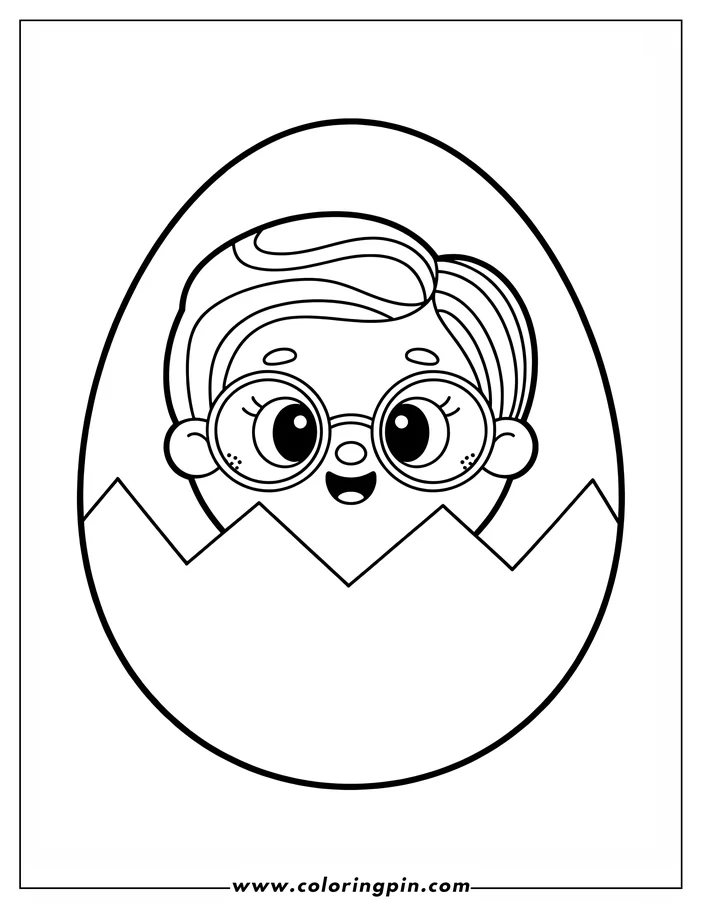 Simple line art of an Easter egg hatching, with a cute face wearing glasses peeking from the top. The cracked shell forms a zig-zag pattern. This is a printable coloring sheet design.