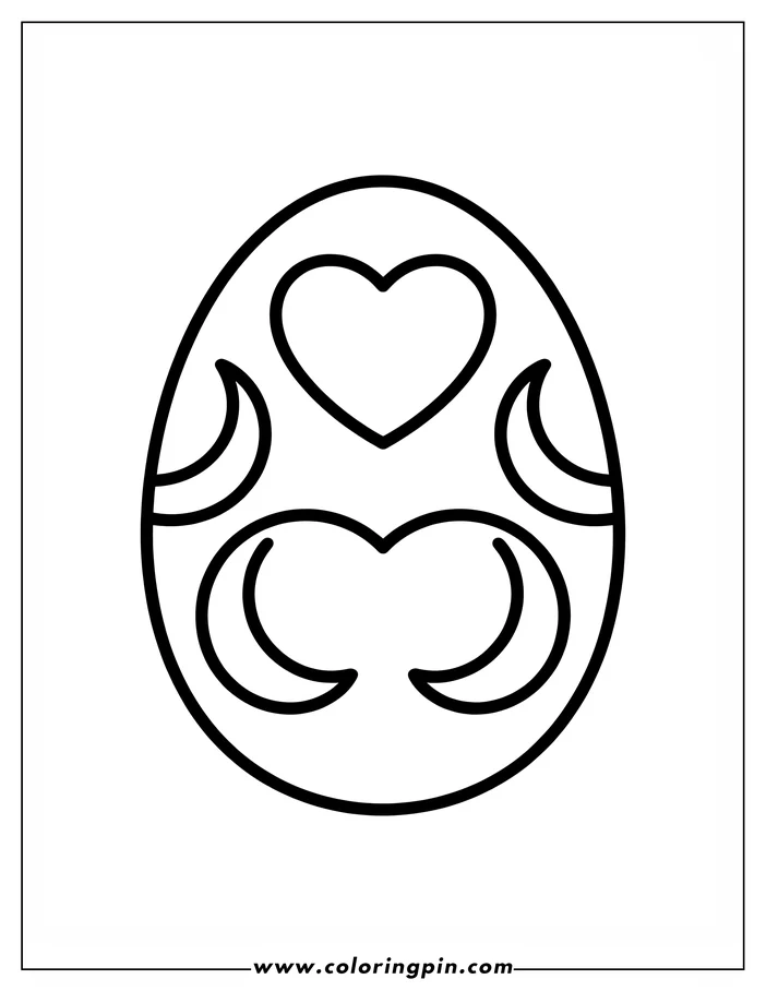 Simple line art of an Easter egg decorated with a heart at the top and crescent moon shapes around it, designed as a coloring page.