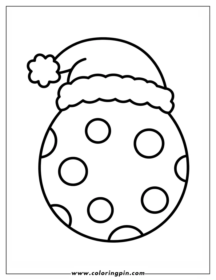 Line art of an Easter egg wearing a Santa hat. The egg is decorated with polka dots, creating a fun and unusual Christmas and Easter crossover design. This image is a coloring page.