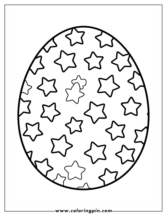 Simple coloring page design of an Easter egg covered in stars. The egg and stars are drawn in a basic outline style, perfect for coloring.