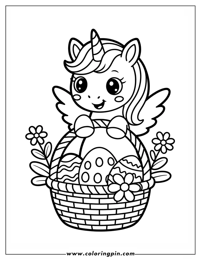 Line art illustration of a unicorn sitting on top of a basket of Easter eggs. Flowers decorate the sides of the basket, creating a festive scene perfect for coloring.