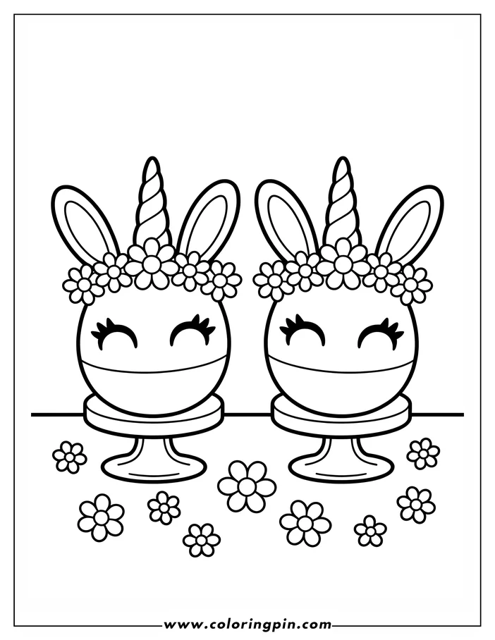 Coloring sheet design of two Easter eggs decorated as unicorn bunnies. Each egg has long bunny ears, a spiraled unicorn horn, and a flower crown. The eggs sit on stands, with additional flowers scattered around the base. 