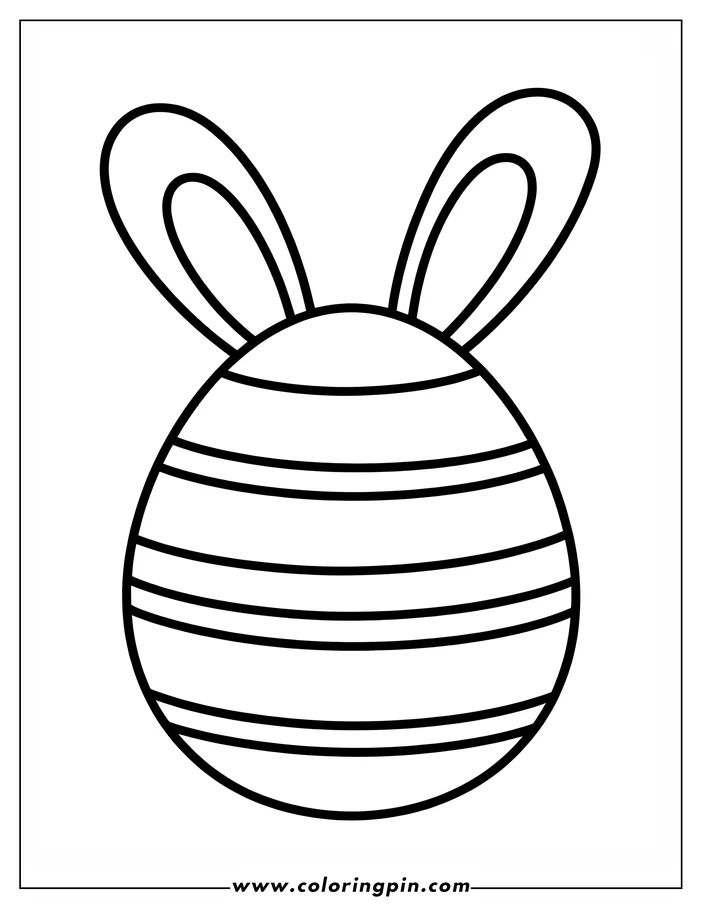 Simple line art of an Easter egg with bunny ears, decorated with horizontal stripes, designed as a coloring sheet.