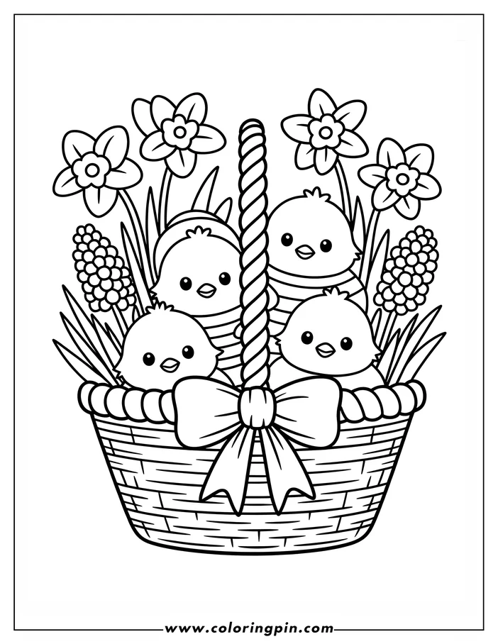 Line art illustration of an Easter basket filled with four baby chicks surrounded by daffodils and hyacinths, designed as a coloring page.