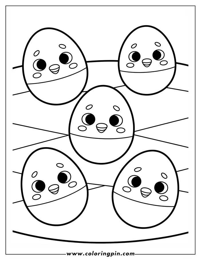 Simple outline drawing of four Easter eggs, each with a happy face, arranged on a surface. This is a coloring sheet design.