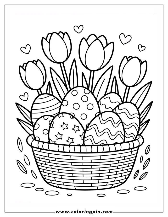 Line art of a basket filled with Easter eggs and tulips. The eggs have different patterns, and three tulips stick out of the basket. Small hearts surround the tulips. This image is a coloring page design.
