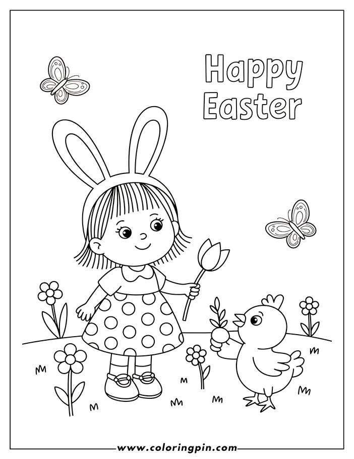 Line art of a girl wearing bunny ears holding a tulip while a chick offers her a small flower. Butterflies and simple flowers decorate the Easter scene. This is a coloring page design.