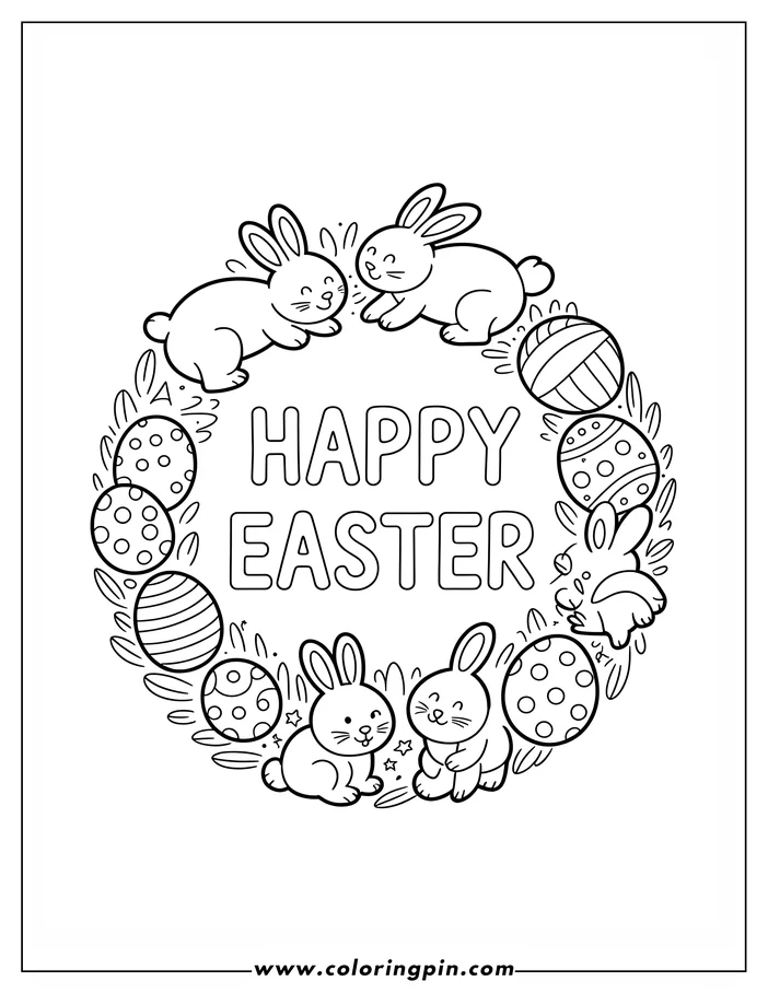 Line art depicting an Easter wreath.  Six bunnies form a circle around the words "HAPPY EASTER". Decorated eggs in various patterns are placed between the bunnies. This is a coloring sheet design.