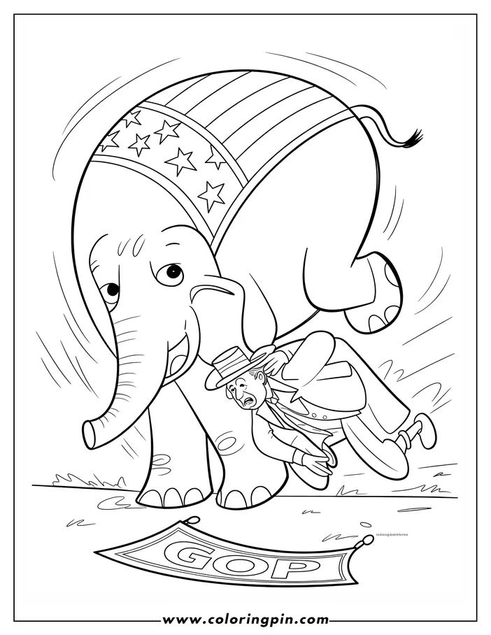 Cartoon elephant with American flag interacting with a politician who appears to be slipping.