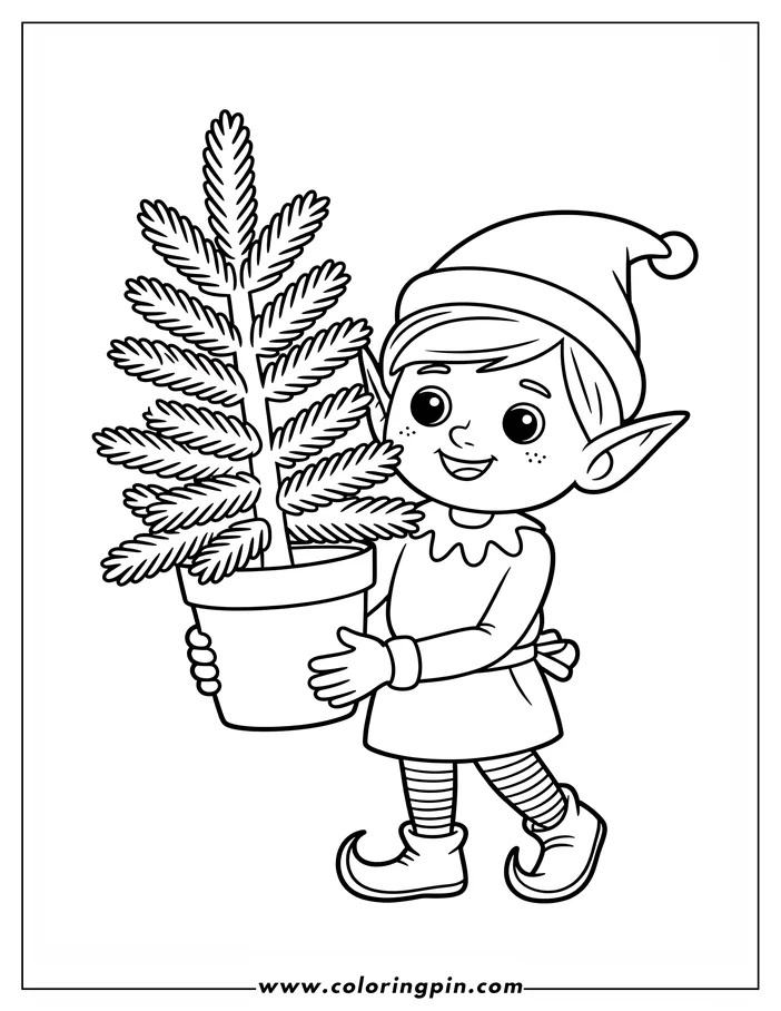 Outline of a smiling elf carrying a small evergreen tree in a pot.
