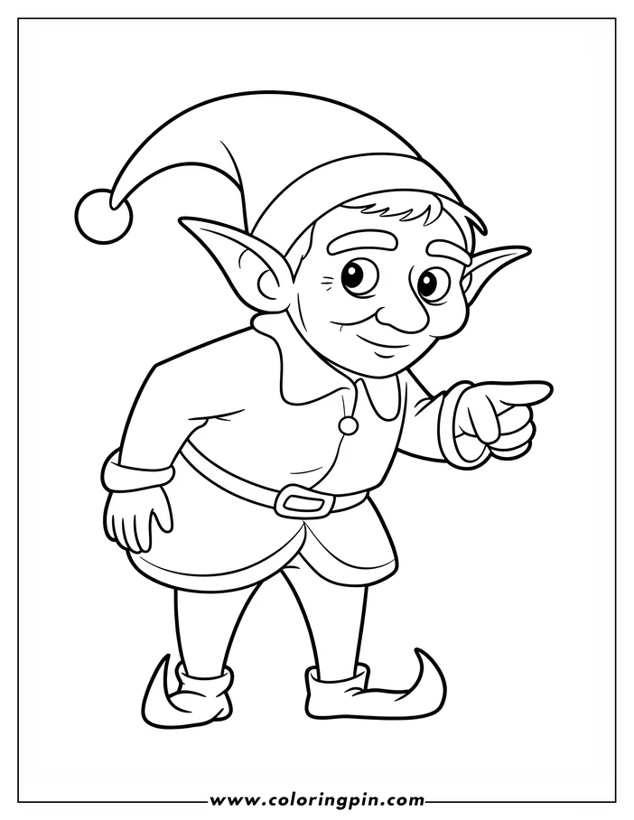 Outline of a cartoon elf pointing with his right hand. He has large ears, a pointed hat, and curled shoes.
