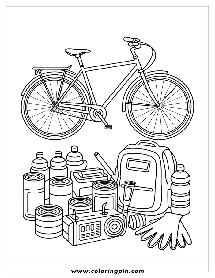 Line art of a bicycle and an emergency preparedness kit with items like canned food, water, a radio, and a backpack.