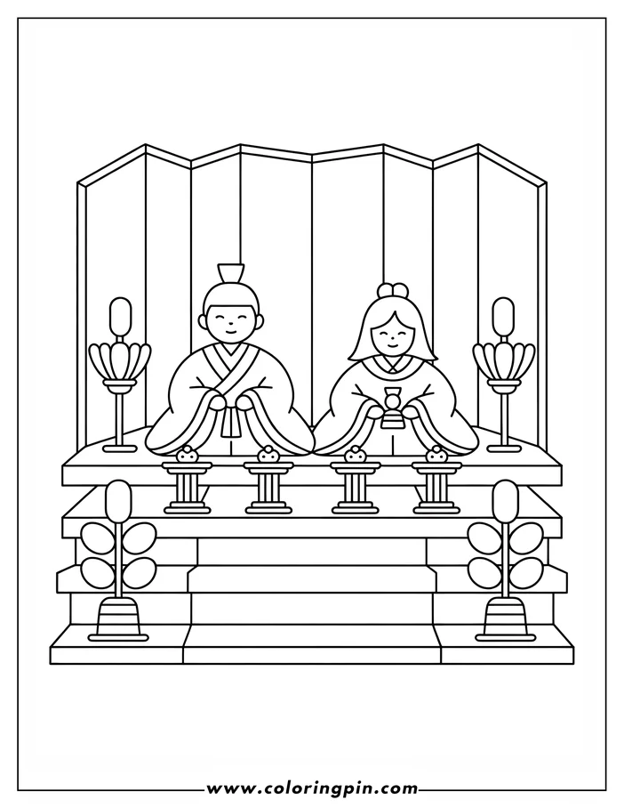 Outline of traditional Japanese emperor and empress dolls on a display stand for Hinamatsuri