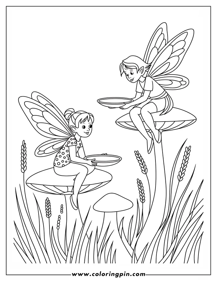 Two fairies with wings sit on mushrooms holding shallow bowls in a field of grass and wheat-like plants.