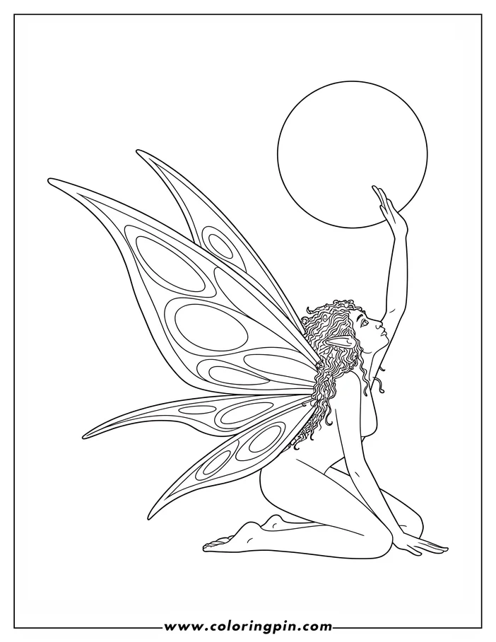 Line art of a fairy kneeling and reaching up towards a floating orb. She has large, intricately patterned wings and long, curly hair.