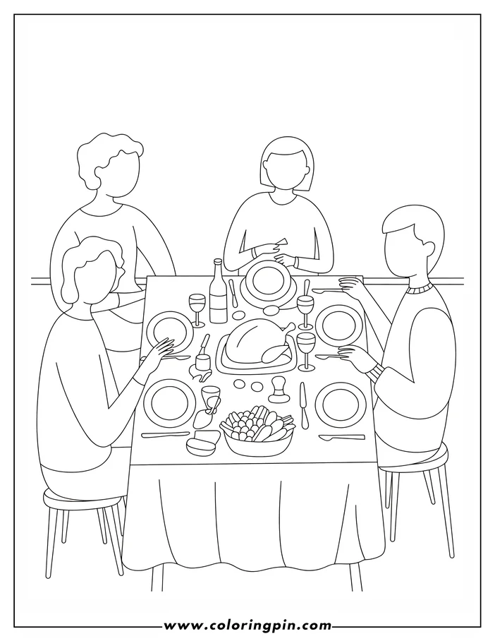 Line art of a family gathered around a table for a Thanksgiving feast. A roasted turkey, vegetables, and place settings are visible, designed as a coloring sheet.