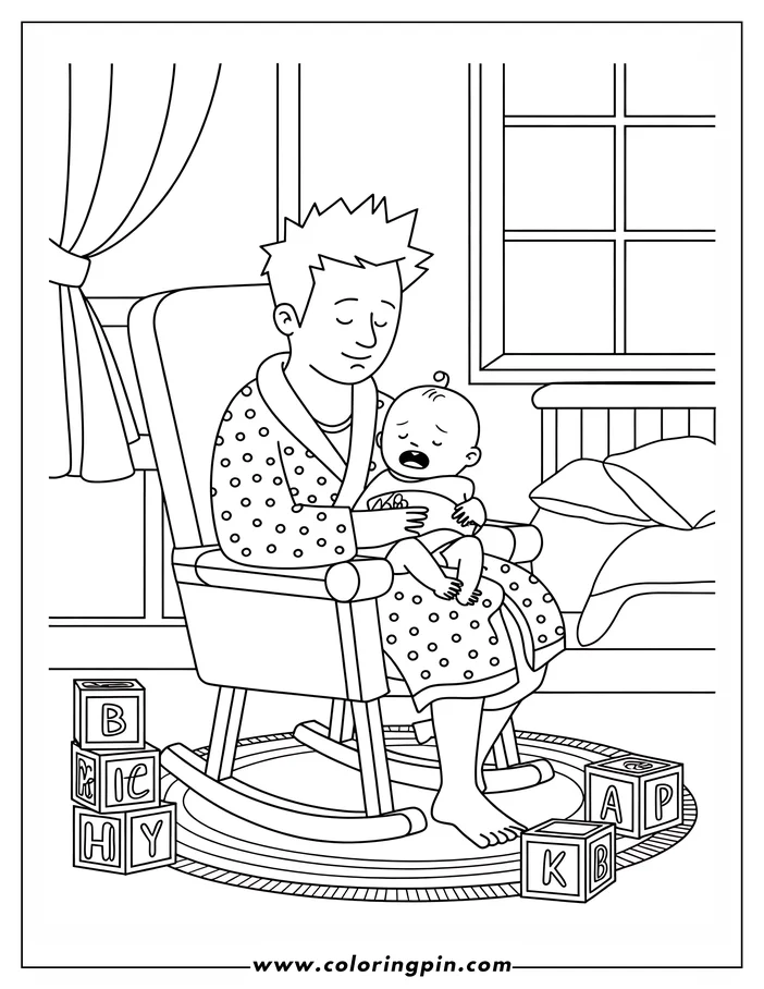Line art of a father in a polka dot robe, sitting in a rocking chair and comforting a crying baby. Alphabet blocks lie on the floor near the chair, and a crib can be seen in the background.