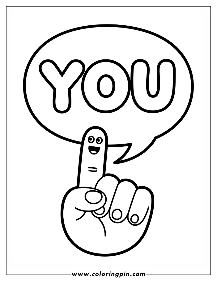 Line art of a cartoon finger pointing upwards with a speech bubble that says 'YOU'. The finger has a friendly face.