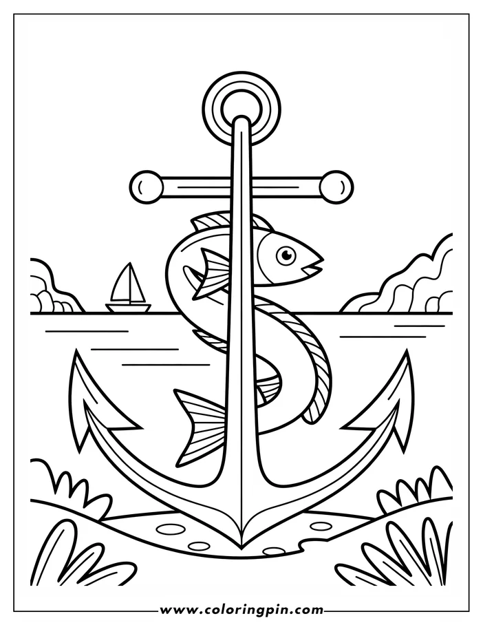 Line art of a fish swimming behind an anchor. A small sailboat is visible on the water.