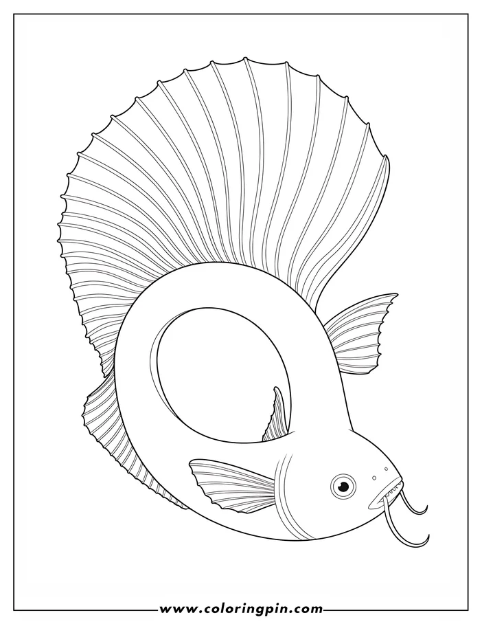 Line art of a fish curled up in a circle, its tail touching its head. It has a large dorsal fin and small pectoral fins.  Its mouth is open showing small teeth and barbels.