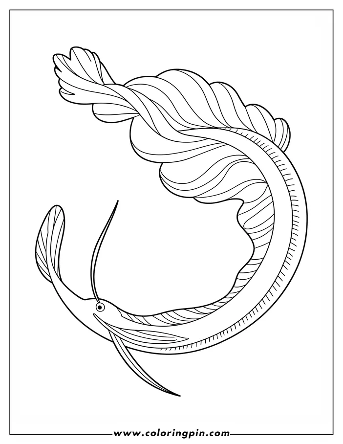 Line art of a fish swimming in a circular pattern, its body and fins decorated with wavy lines.