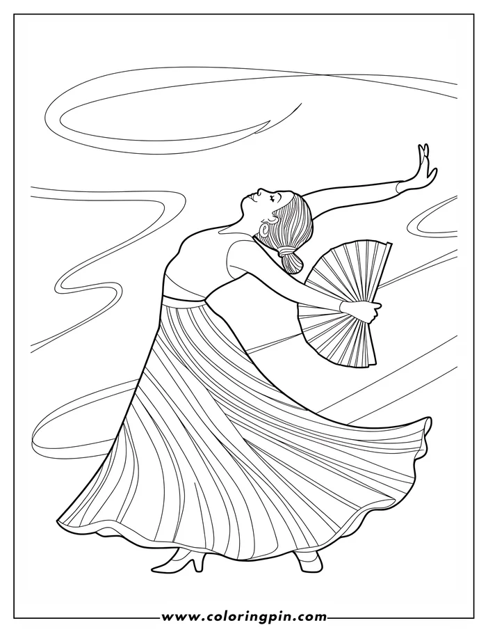 Line art of a flamenco dancer in a long striped dress, holding a fan and posing gracefully.
