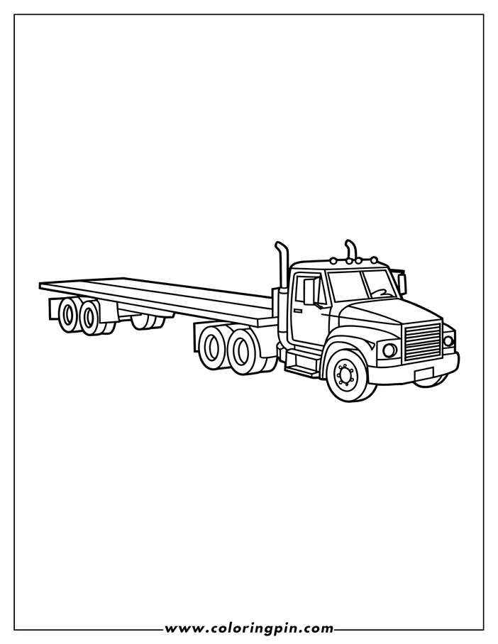 Outline of a flatbed truck with a long, empty trailer attached.