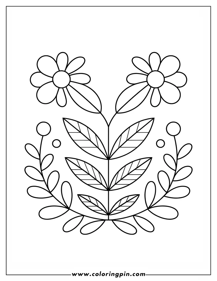 Outline of two flowers with large centers and rounded petals on a stem with three pairs of simple leaves. Two curved stems with round berries frame the design.