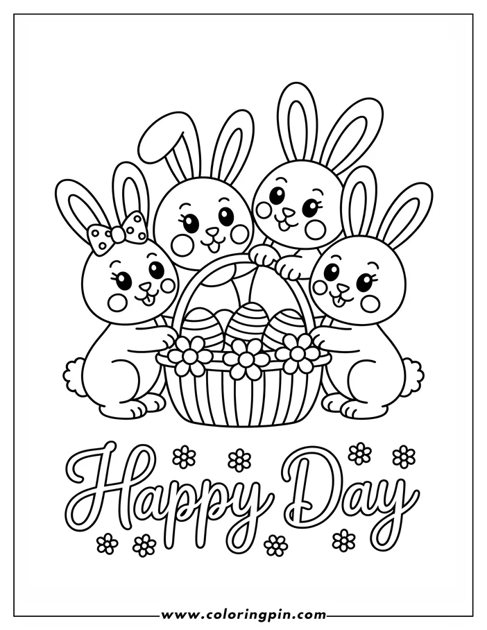 Line art of four Easter bunnies surrounding a basket of decorated eggs and flowers, designed as a coloring sheet. One bunny has a bow.