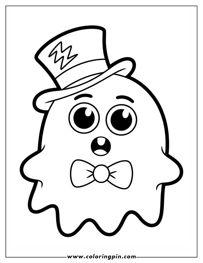Outline of a friendly cartoon ghost wearing a bow tie and top hat