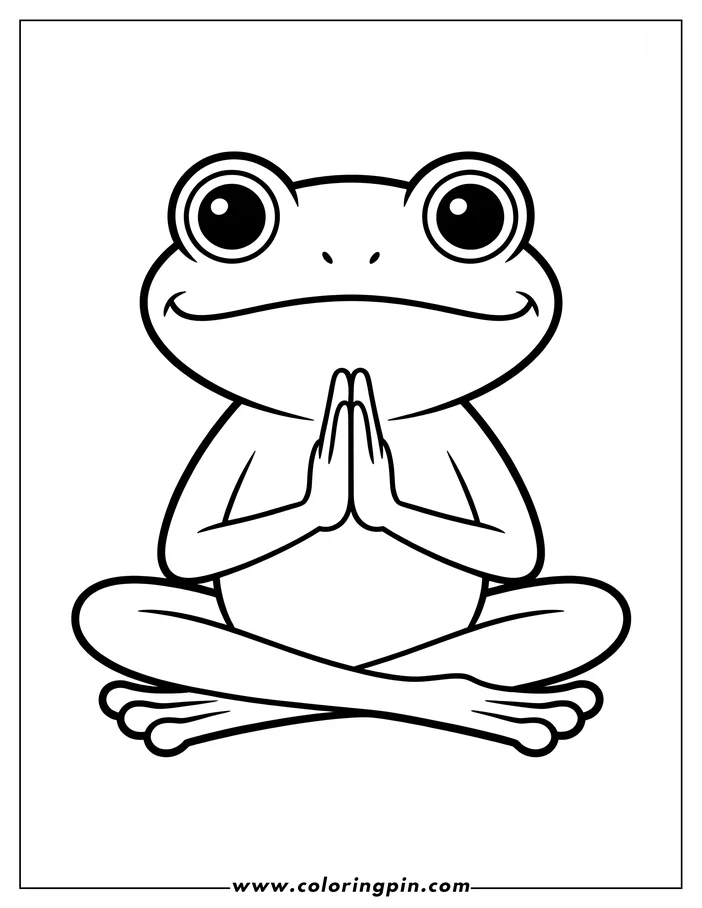 Outline of a cartoon frog sitting in a meditative pose with legs crossed and hands pressed together.