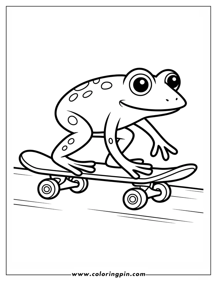 Outline of a cartoon frog skateboarding. The frog has spots and is riding quickly on the skateboard.