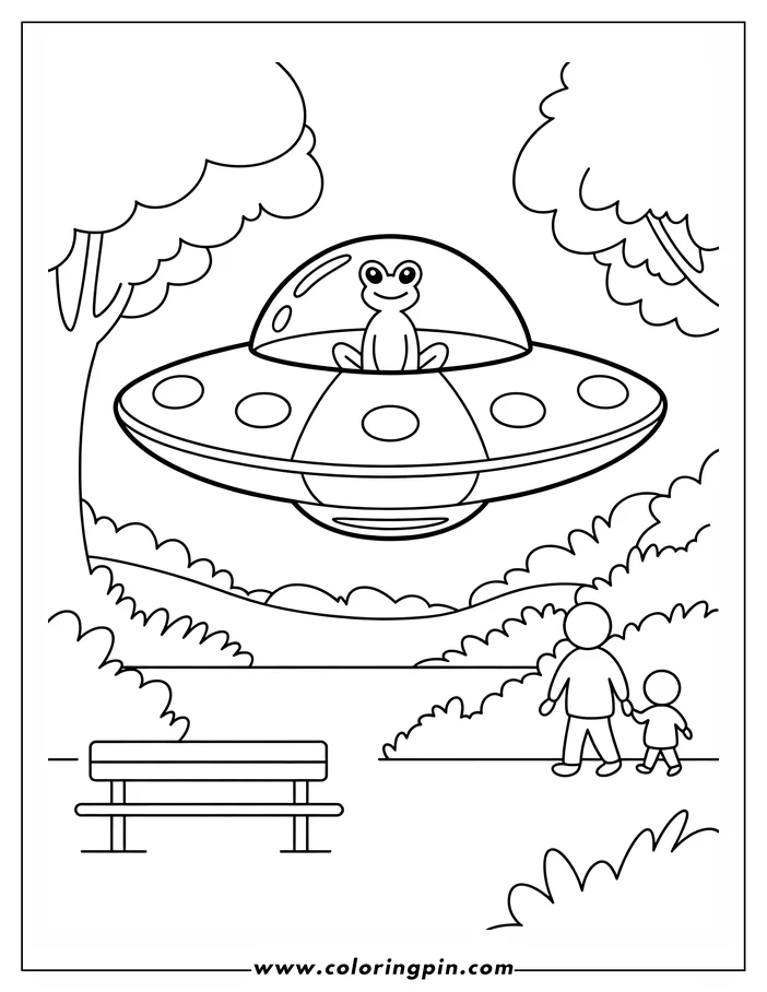 Outline of a frog in a UFO flying over a park. Two figures, an adult and a child, walk hand-in-hand below. Various park elements like a bench, trees, and bushes surround them.