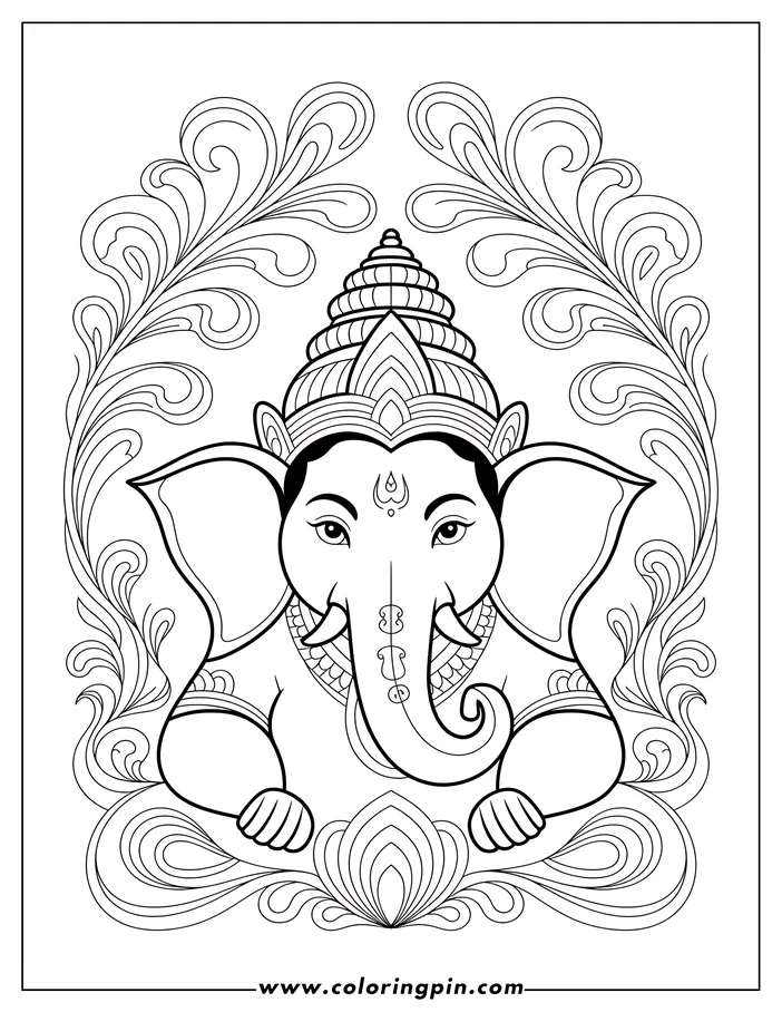 Line art of Ganesha, the Hindu deity, within an ornate floral frame. The deity has a large elephant head with detailed headdress and jewelry.
