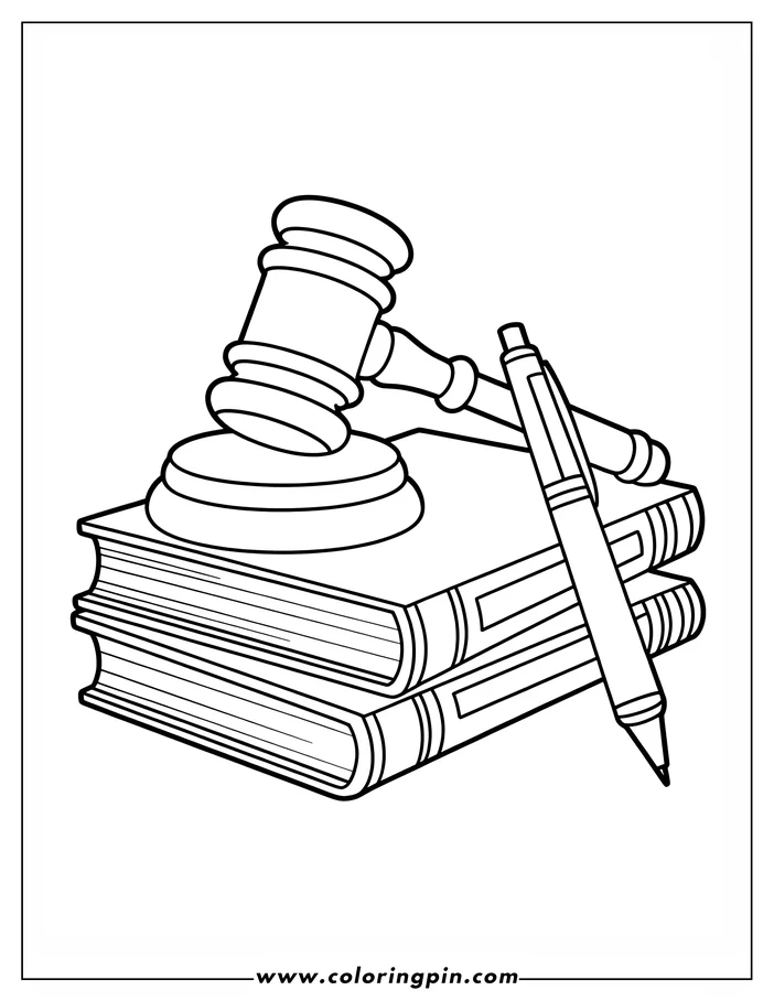 Line art of a gavel resting on two books with a pen leaning against them.