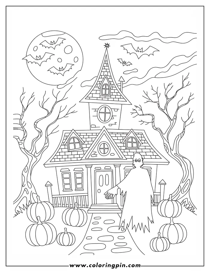 Outline of a friendly ghost standing in front of a haunted house with pumpkins, bare trees, and bats flying in front of a large moon.
