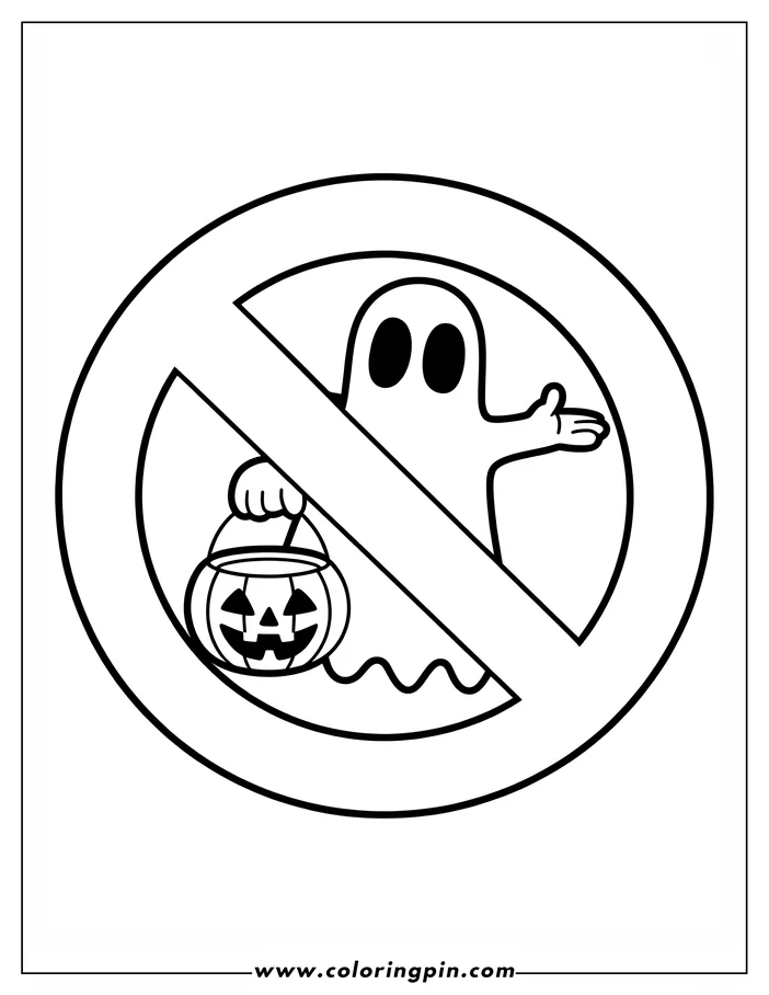 A cartoon ghost with a pumpkin pail inside a "no" symbol.
