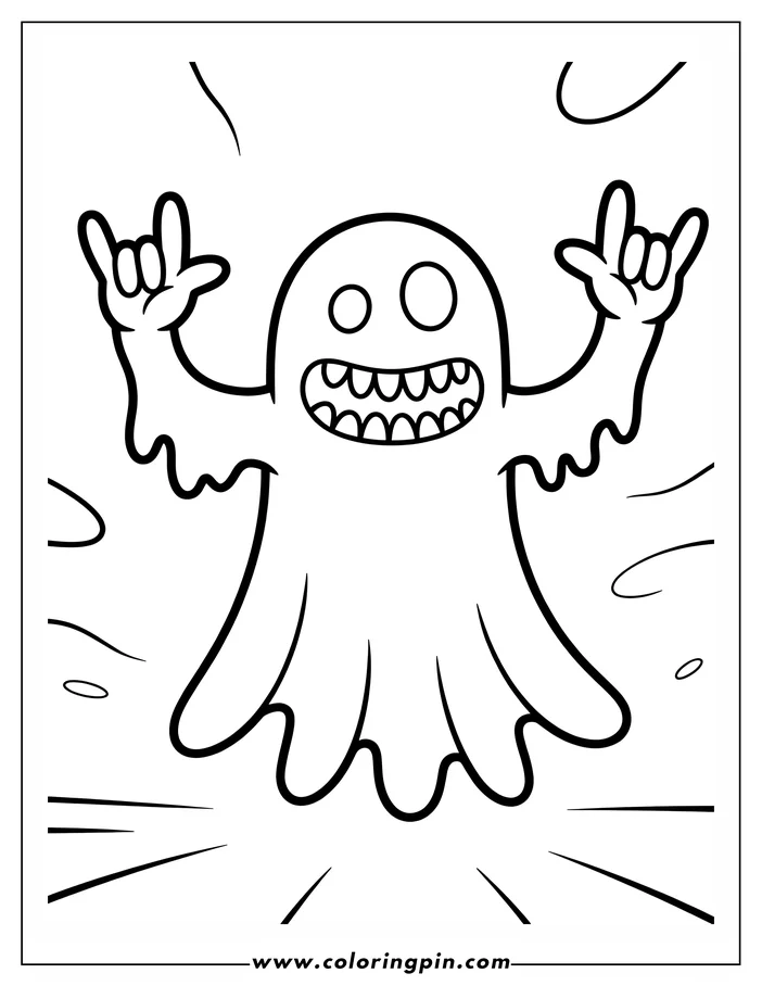 Outline of a friendly cartoon ghost making a rock-and-roll hand sign, floating against a simple background