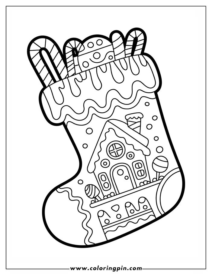 Outline of a gingerbread Christmas stocking decorated with icing, candy canes, and a gingerbread house.