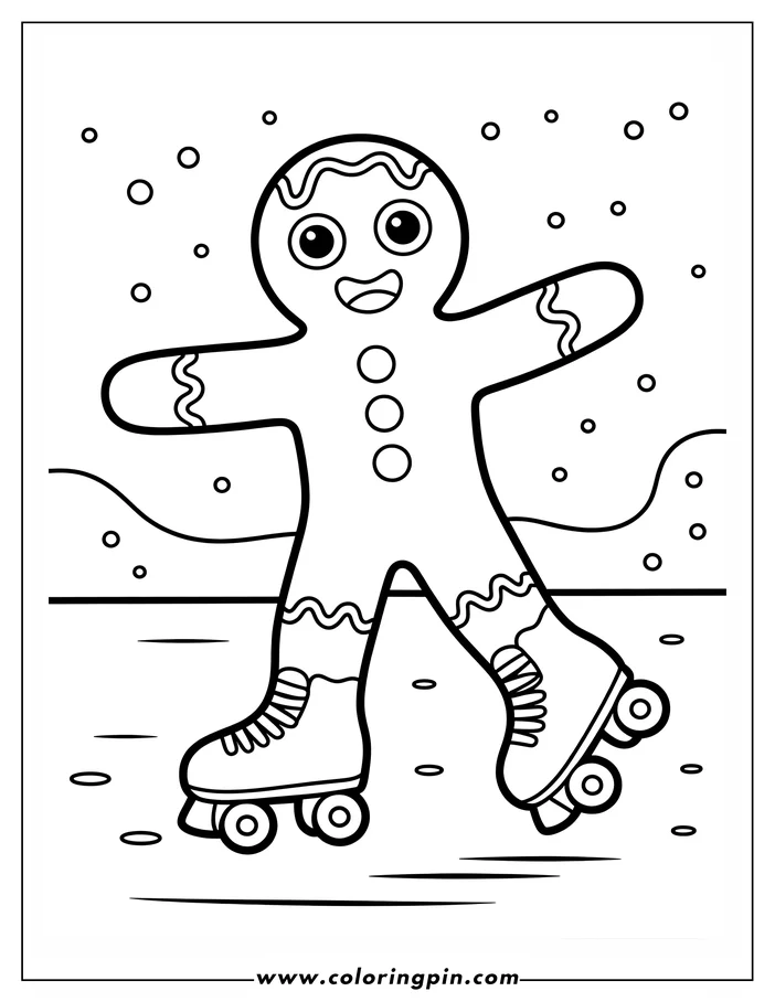 Outline of a smiling gingerbread man roller skating in a snowy landscape.