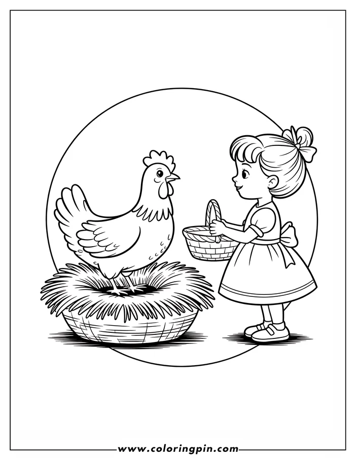 Line art of a young girl holding a basket and facing a chicken sitting in a straw nest.