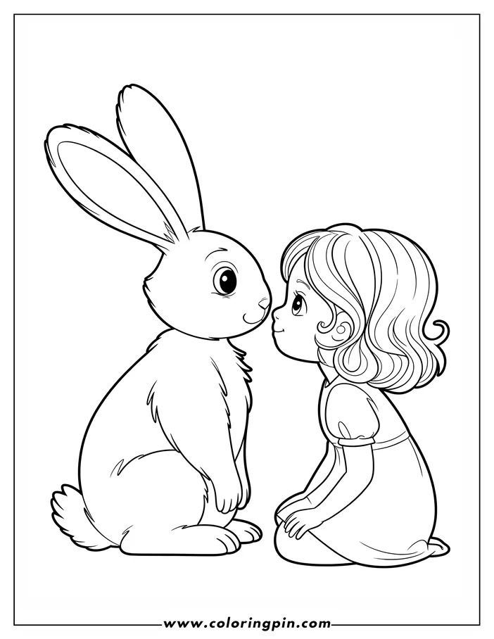 Outline of a girl and a rabbit sitting nose to nose. The girl and the rabbit seem to be interacting in a friendly way.